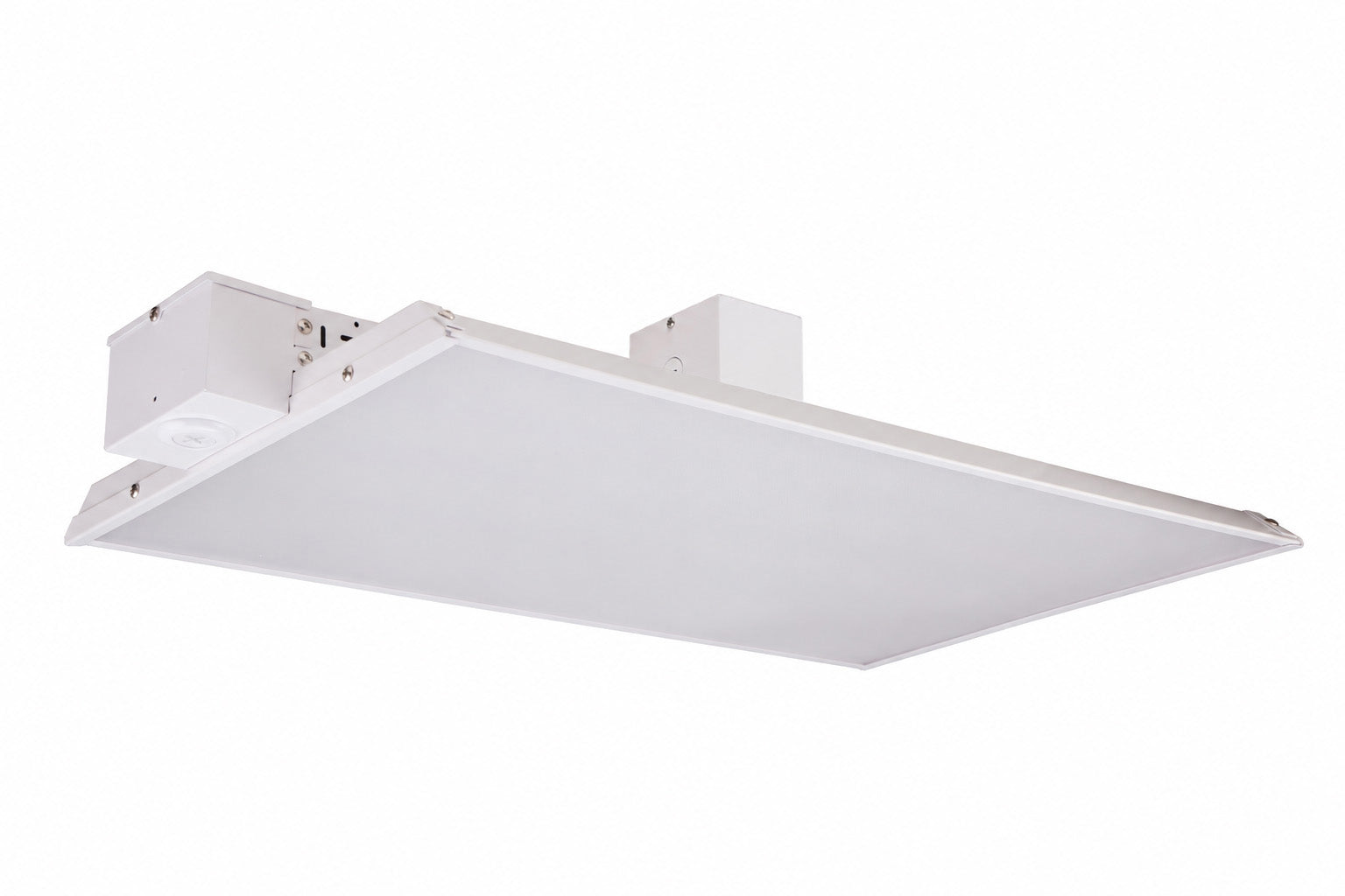 A white rectangular ceiling light fixture with a mounting bracket and junction box, shown against a plain white background.