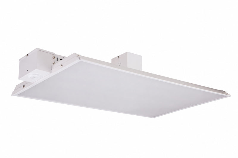 A white rectangular ceiling light fixture with a mounting bracket and junction box, shown against a plain white background.