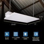 White rectangular 2ft led linear high bay panel light with chain suspension and selectable wattage and cct by condorx premium
