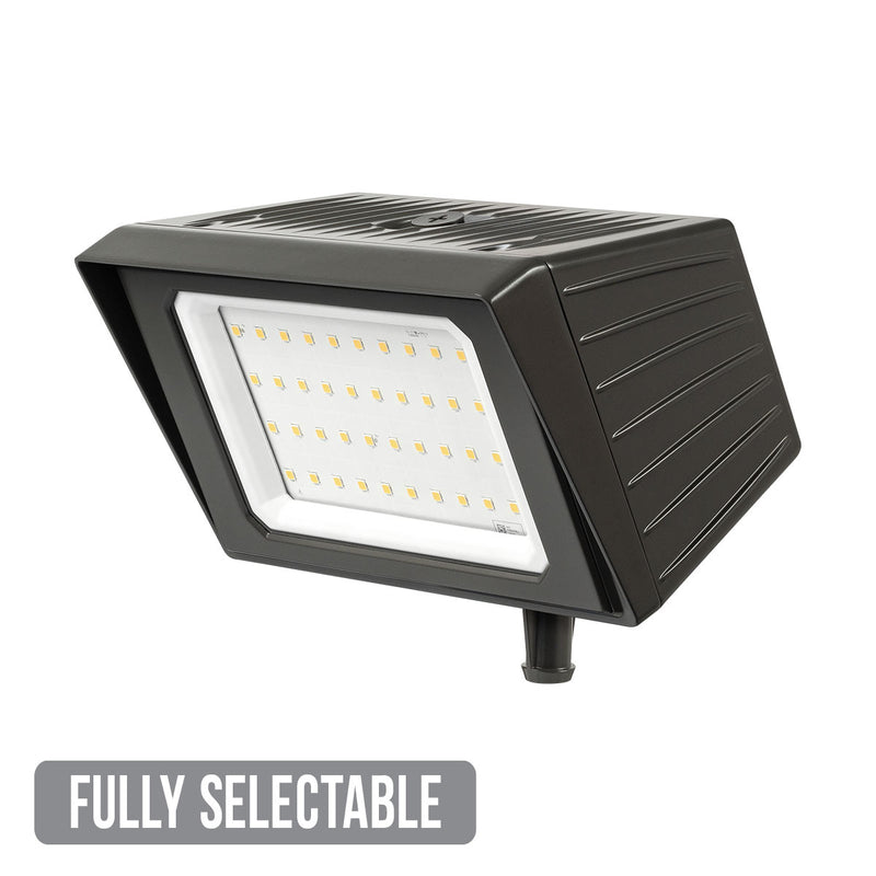 Black rectangular hawk led precision flood light with bright white leds and ribbed bronze side panels for versatile mounting