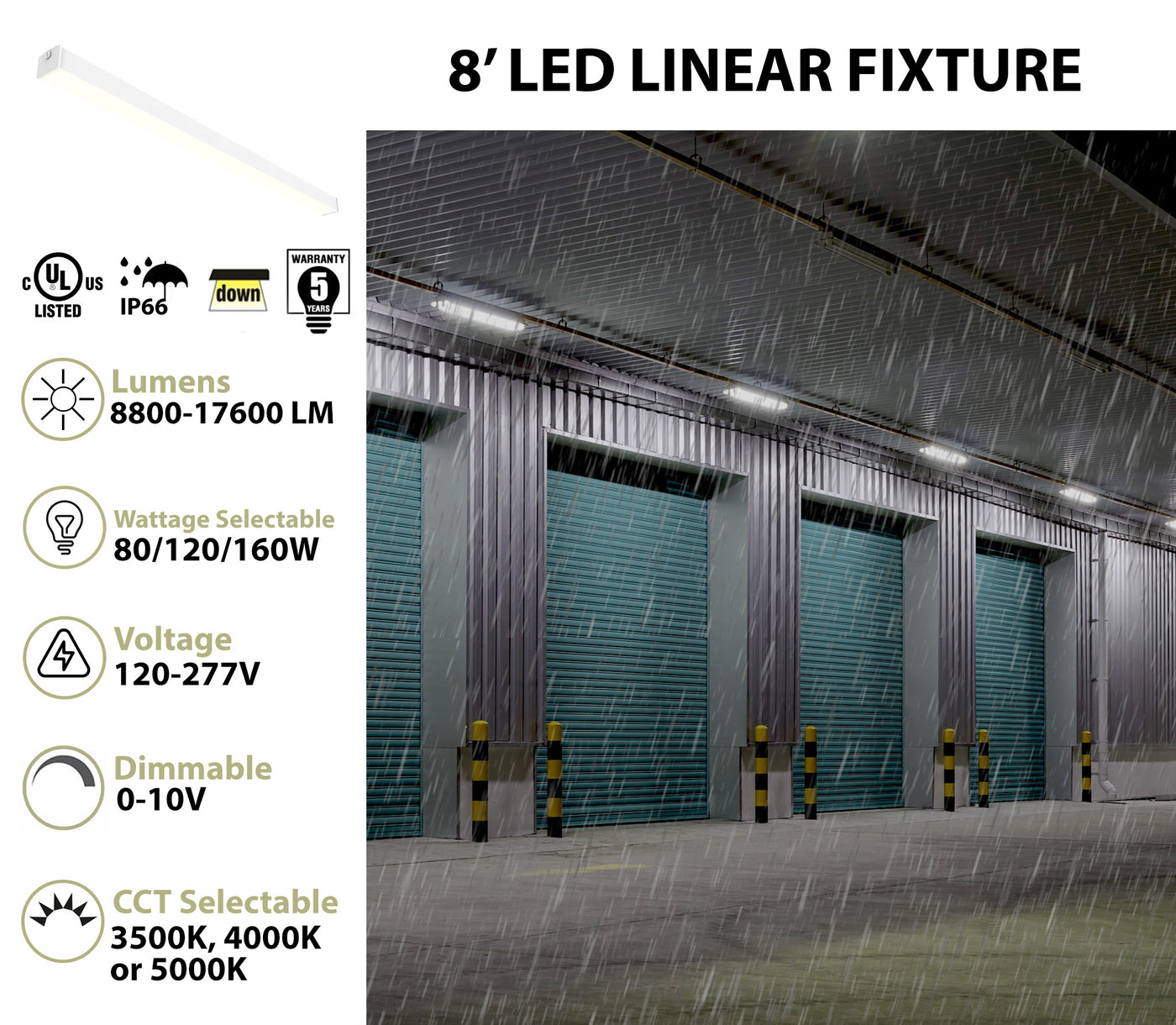 8 FT LED Linear Fixture, IP66 Rated, 17,600 Lumen Max, Wattage and CCT Selectable, Surface Mounted, 120-277V