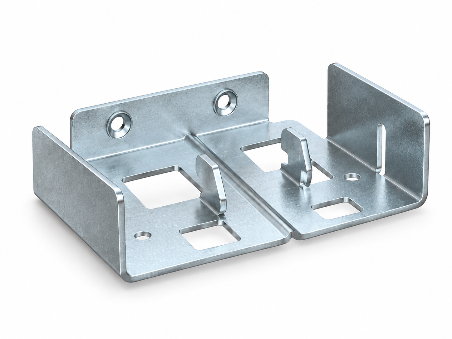 A pair of galvanized steel mounting brackets with pre-drilled holes and cutouts, shown on a clean white background.