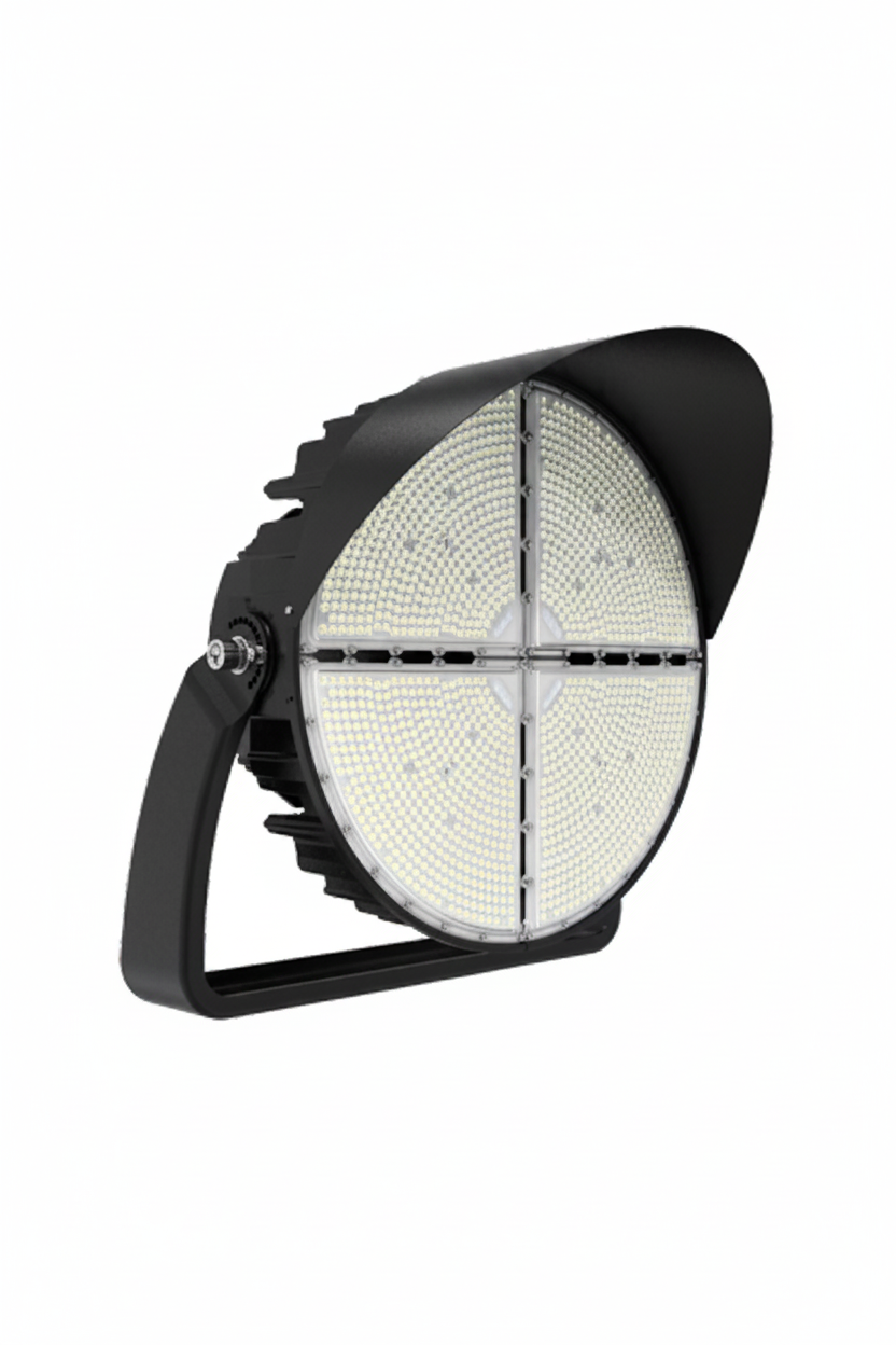 A large black LED floodlight with a ribbed housing, curved protective hood, and angled mounting bracket, shown on a white background with partial duplicate views at the edges.