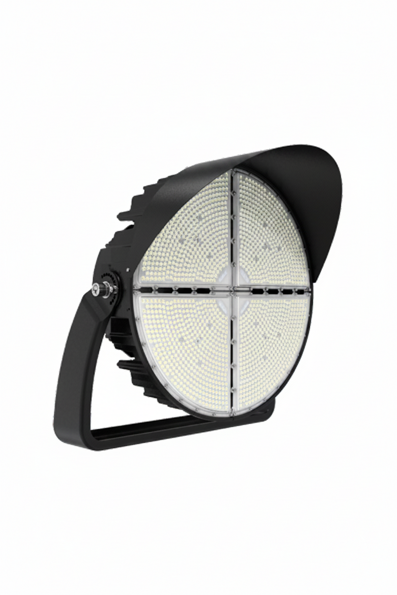 A large black LED floodlight with a ribbed housing, curved protective hood, and angled mounting bracket, shown on a white background with partial duplicate views at the edges.