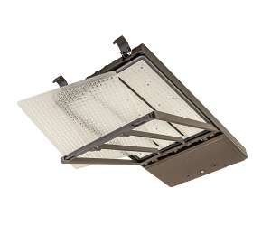 Led area parking light fixture with dark bronze finish and clear textured glass panels for outdoor use