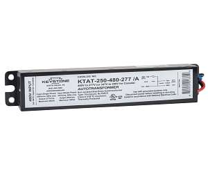 Electrical transformer with label on a white background