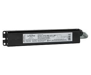 Black electronic transformer with label on a white background