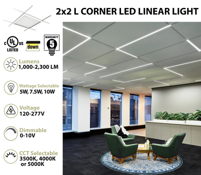 L Corner T-Grid LED Linear Light, 2300 Lumens, Wattage and CCT Select, 120-277V