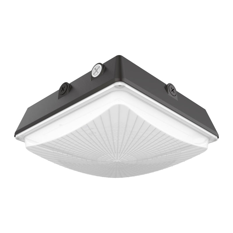 LED canopy light with bronze die-cast aluminum housing, frosted polycarbonate lens, and top-mounted photocontrol, shown on white background