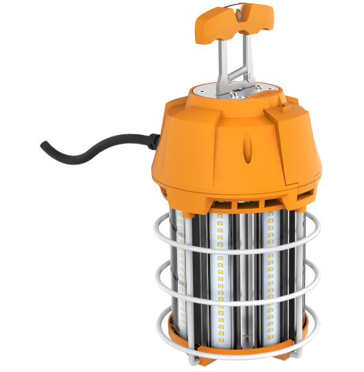 An industrial LED work light with a bright orange top housing a T-handle, a protective white wire cage, and multiple vertical silver reflector tubes, shown on a plain white background.