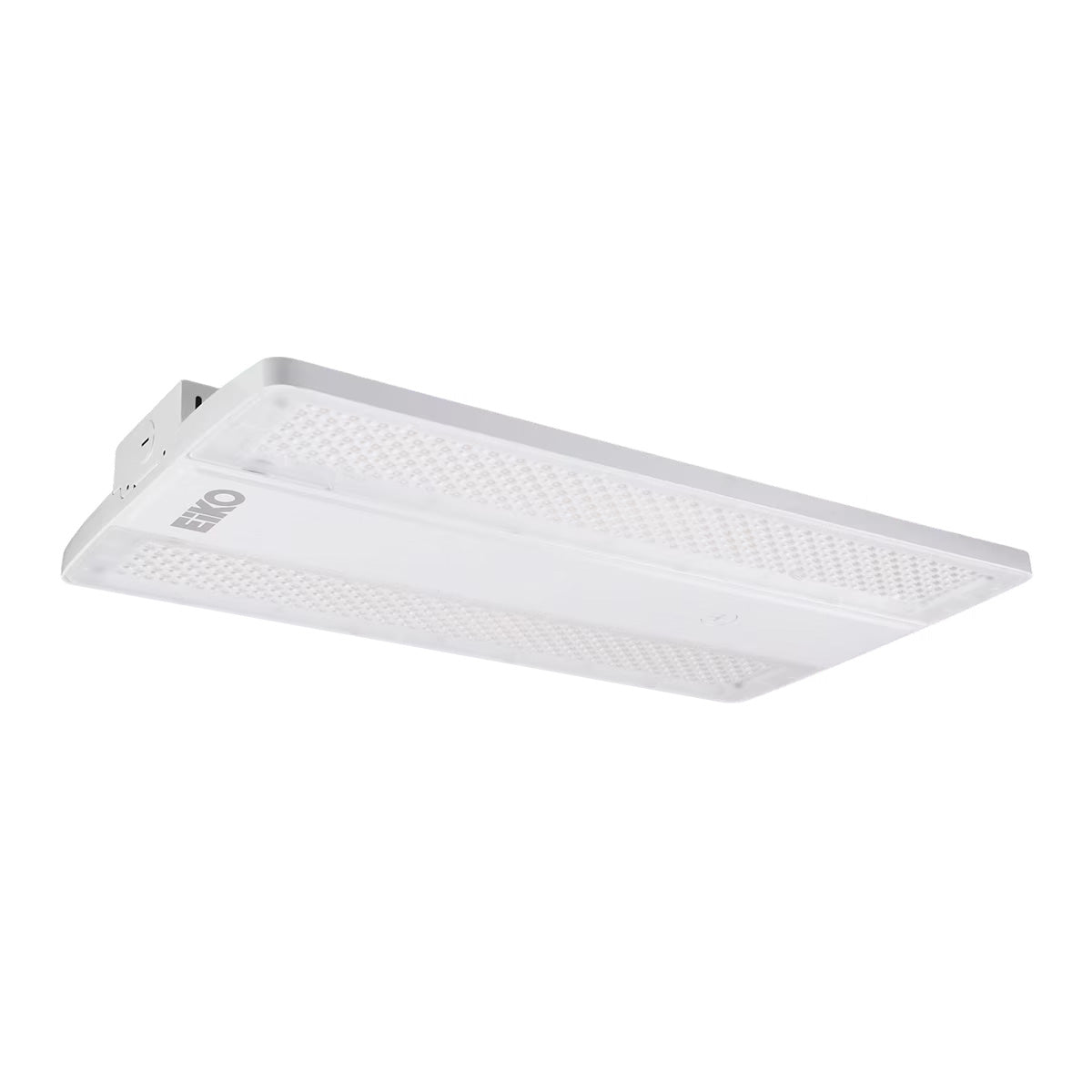 White rectangular 2ft linear high bay LED grow light with perforated diffuser panel and eko brand logo on side