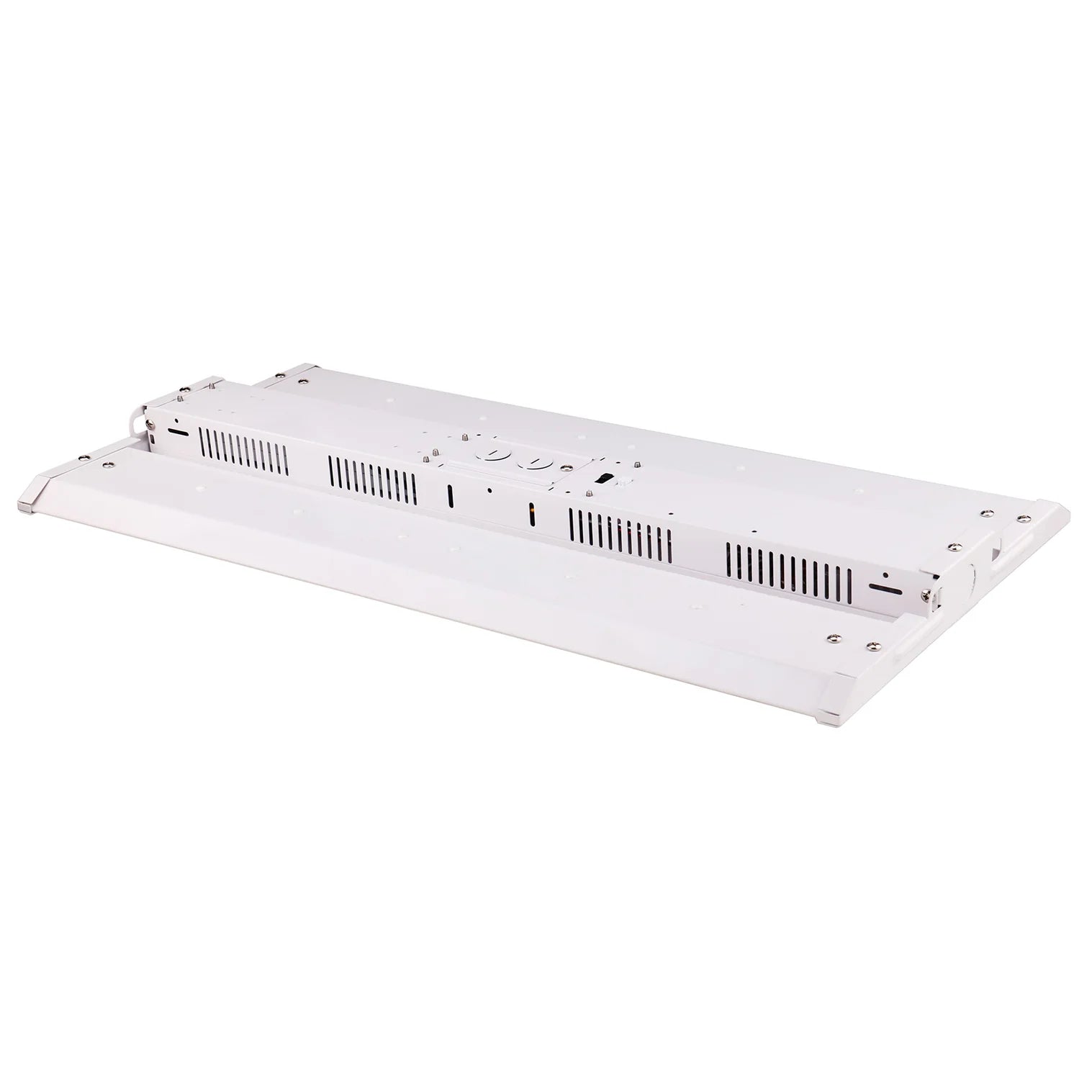 White rectangular 2ft led linear high bay panel light with ventilation slits and selectable wattage and cct