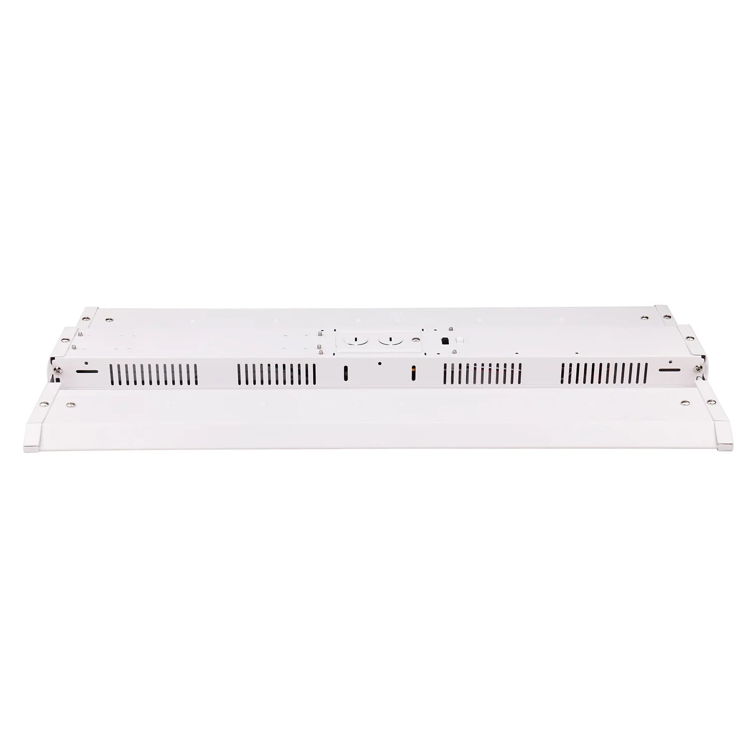 White rectangular 2ft led linear high bay panel light with sleek design and ventilation slits for efficient cooling