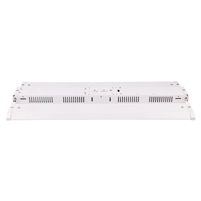 White rectangular 2ft led linear high bay panel light with sleek design and ventilation slits for efficient cooling