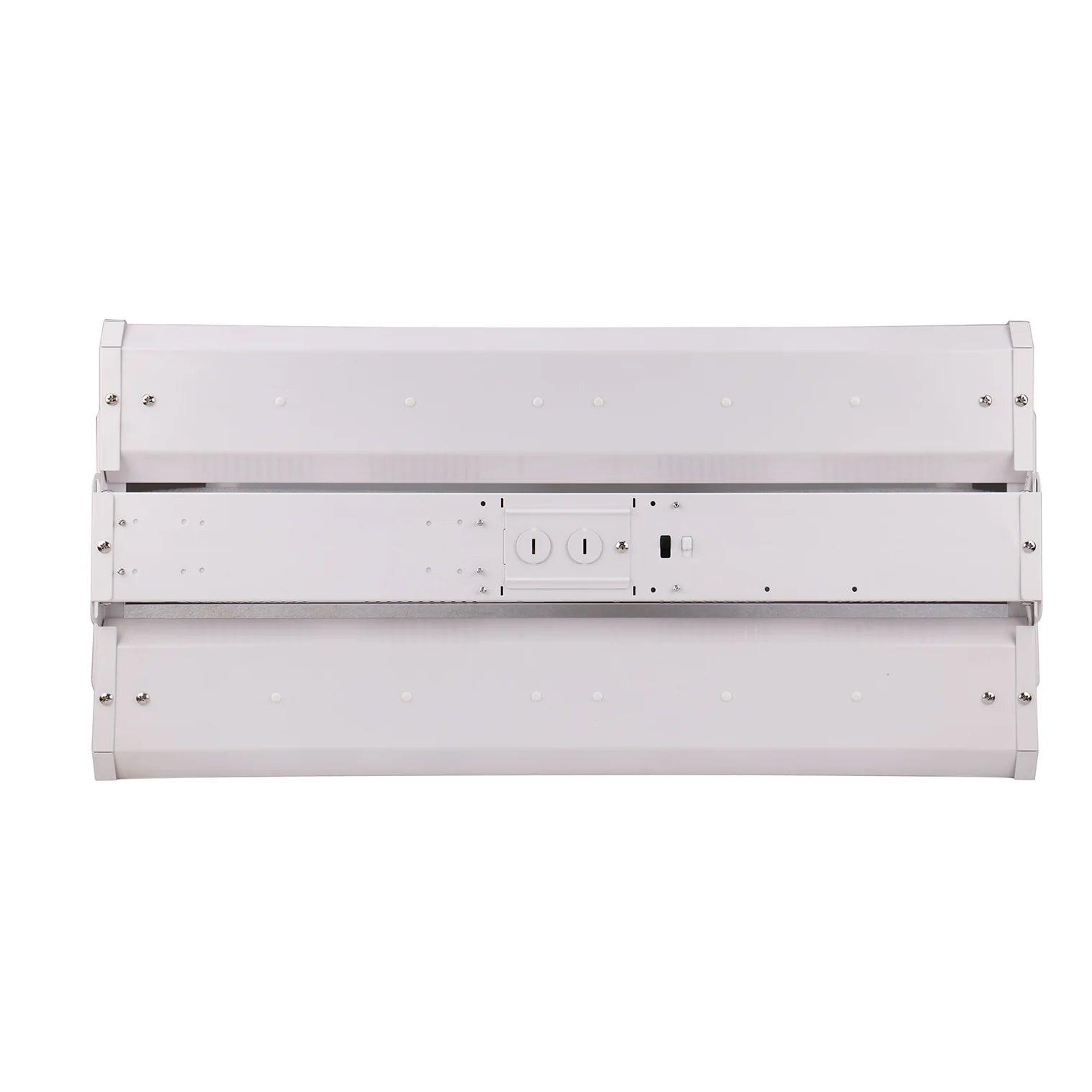White industrial-style 2ft led linear high bay fixture with rectangular design and visible mounting hardware