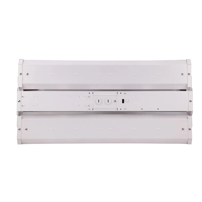 White industrial-style 2ft led linear high bay fixture with rectangular design and visible mounting hardware