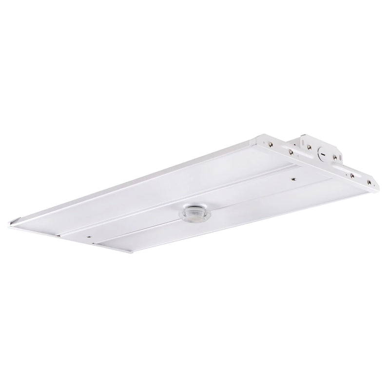White rectangular 2ft led linear high bay with sleek industrial design and metallic mounting brackets for 120-277v use