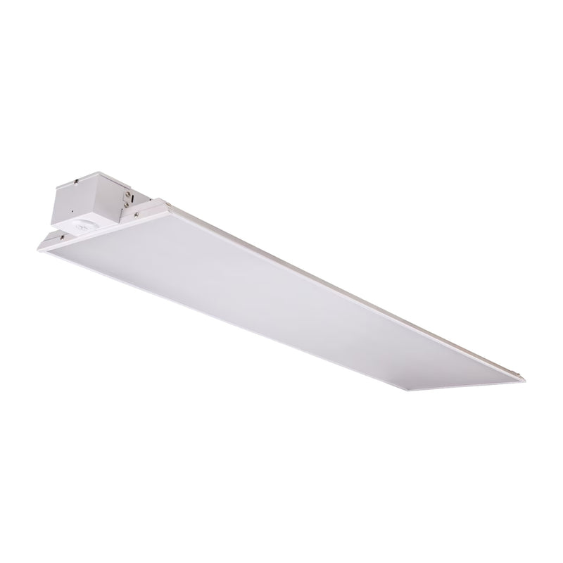 White rectangular 4ft led linear high bay light fixture with sleek modern design 36000 lumen wattage and cct selectable