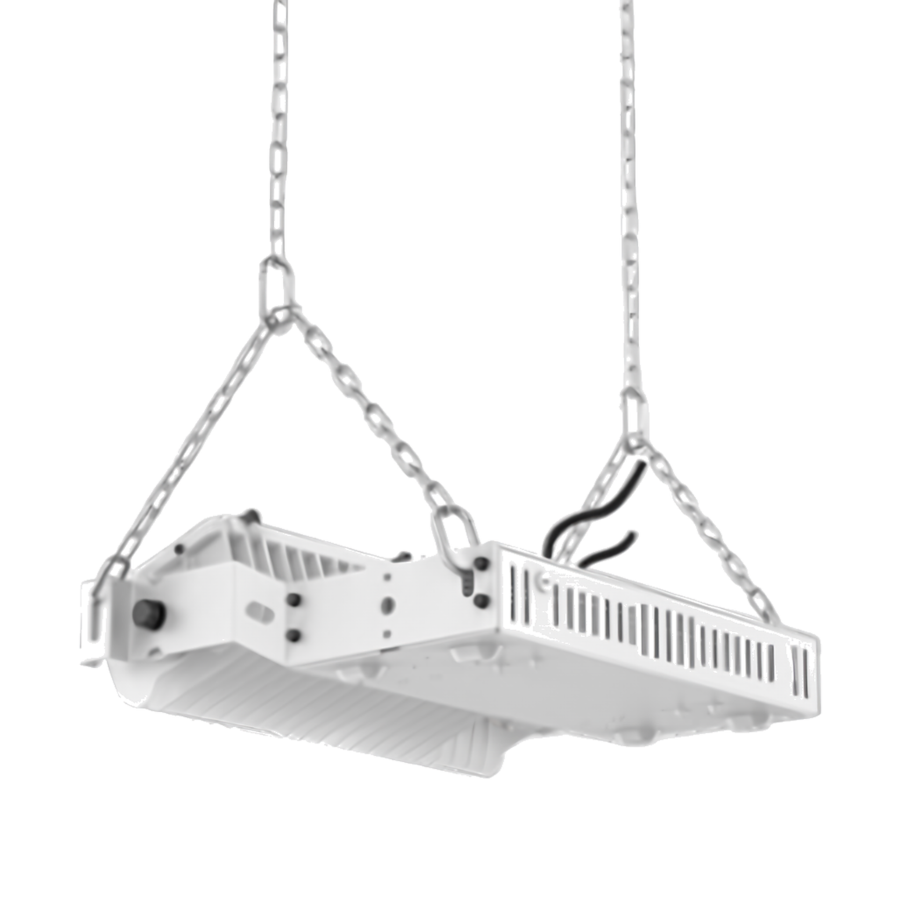 LIH Series LED high bay light hung from a suspension chain kit with two chains and S-hooks, white housing