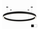 A modern circular ring pendant light in matte black with a white illuminated inner edge, suspended from four small ceiling discs against a plain white background. Two small color-option swatches appear in the bottom-right corner.