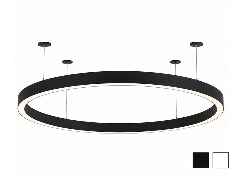 A modern circular ring pendant light in matte black with a white illuminated inner edge, suspended from four small ceiling discs against a plain white background. Two small color-option swatches appear in the bottom-right corner.