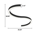 S-curve LED suspended fixture in black finish, made of two half-circle sections joined into an S shape, shown on a white background with dimensions