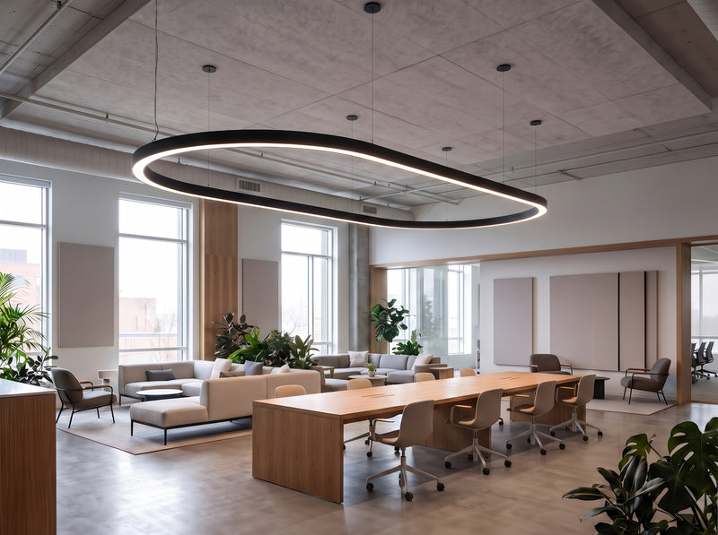 12FT Oval LED Direct/Indirect Pendant Light, 2" Wide, 42,800 Lumen Max, Wattage and CCT Selectable, 120-277V, White or Black Finish