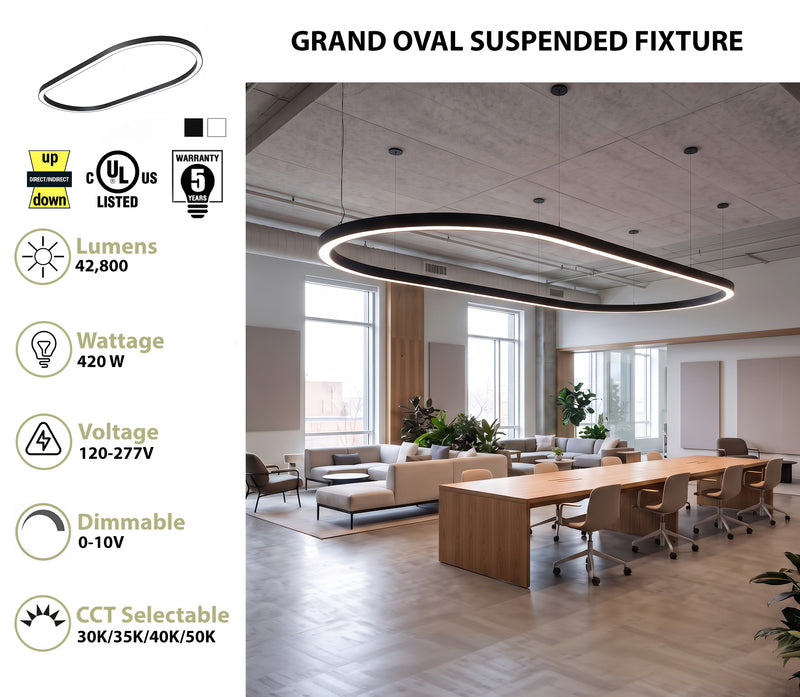 12FT Oval LED Direct/Indirect Pendant Light, 2" Wide, 42,800 Lumen Max, Wattage and CCT Selectable, 120-277V, White or Black Finish