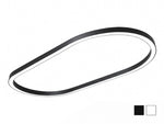 LINA Compact Grand Oval suspended LED fixture in black, shown at an angle with its large asymmetrical oval ring and white diffuser along the underside; black and white finish swatches shown at bottom right.