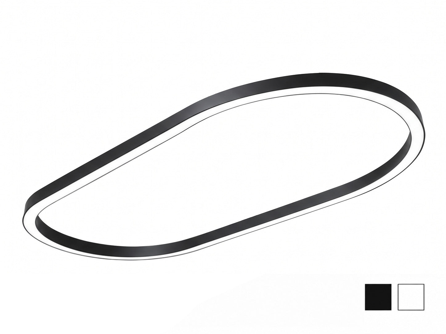 LINA Compact Grand Oval suspended LED fixture in black, shown at an angle with its large asymmetrical oval ring and white diffuser along the underside; black and white finish swatches shown at bottom right.