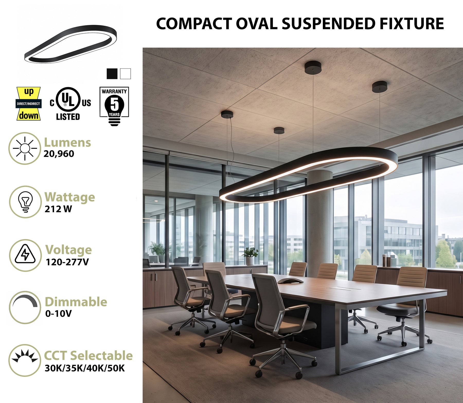 7FT Oval LED Direct/Indirect Pendant Light, 2" Wide, 20,960 Lumen Max, Wattage and CCT Selectable, 120-277V, White or Black Finish