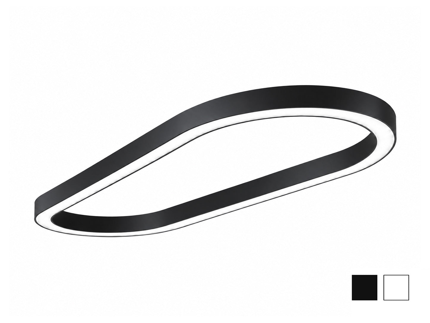 LINA Compact Oval suspended LED fixture in black, shown at an angle with its asymmetrical oval ring and illuminated white diffuser lining the underside; black and white finish swatches shown at bottom right.