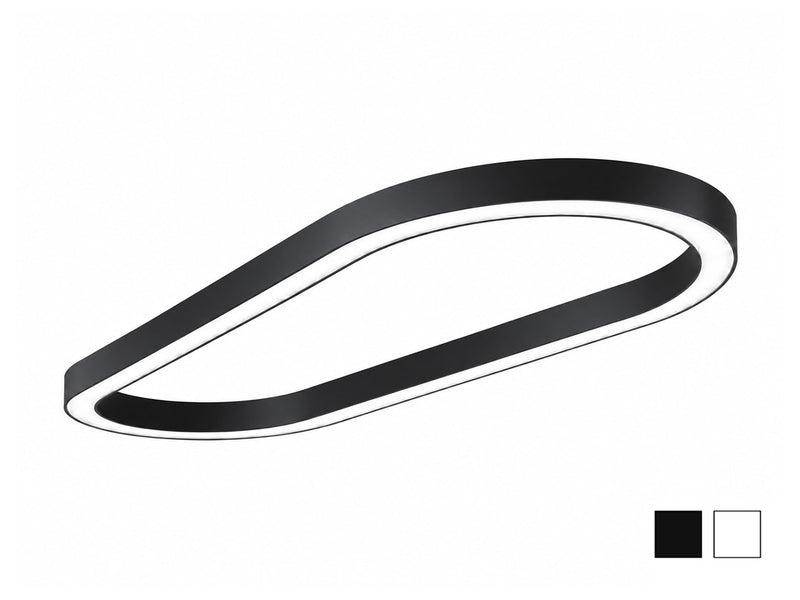 LINA Compact Oval suspended LED fixture in black, shown at an angle with its asymmetrical oval ring and illuminated white diffuser lining the underside; black and white finish swatches shown at bottom right.
