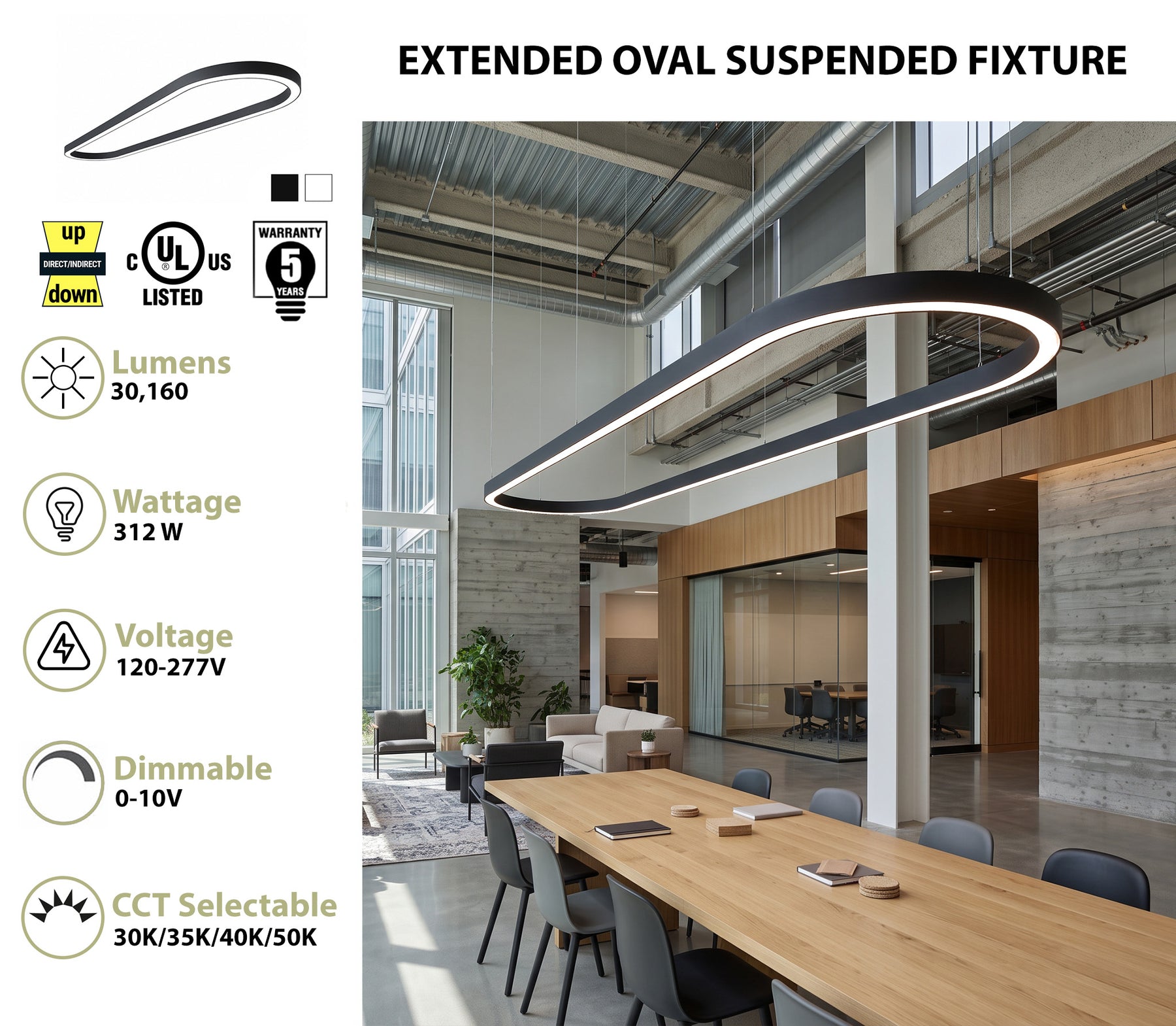 11FT Oval LED Direct/Indirect Pendant Light, 2" Wide, 30,160 Lumen Max, Wattage and CCT Selectable, 120-277V, White or Black Finish