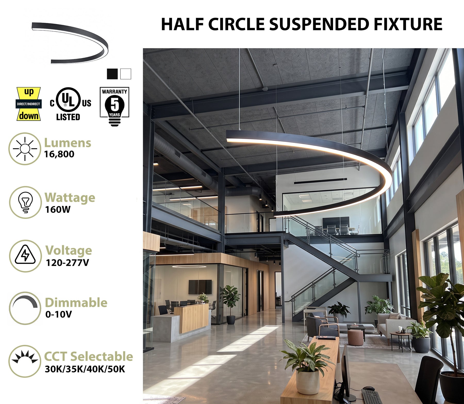 8 FT Half Circle LED Direct/Indirect Linear Light, 2" Wide, 16,800 Lumen Max, Wattage and CCT Selectable, 120-277V, White or Black Finish