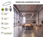 16FT Oval LED Direct/Indirect Pendant Light, 2" Wide, 52,000 Lumen Max, Wattage and CCT Selectable, 120-277V, White or Black Finish
