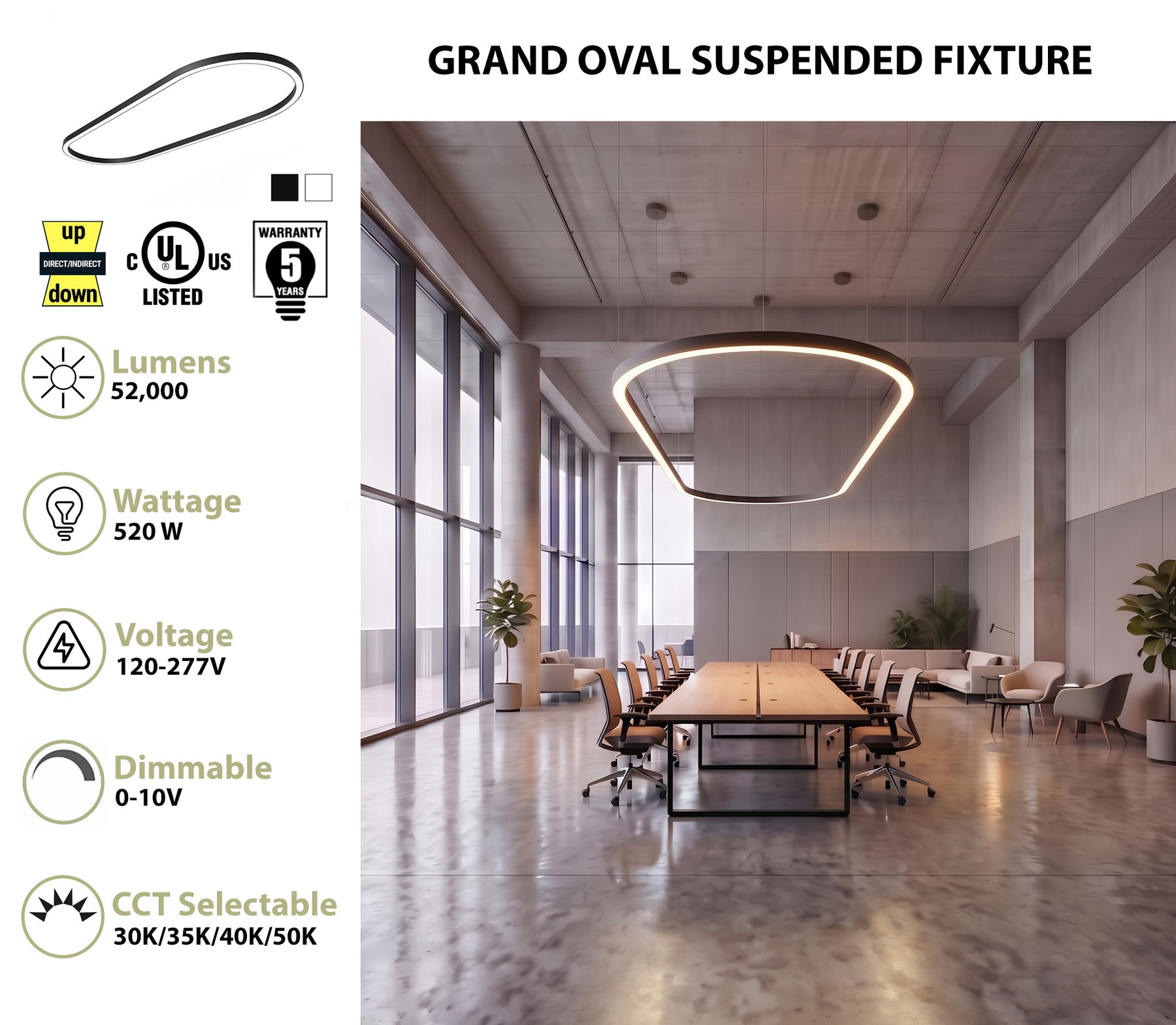 16FT Oval LED Direct/Indirect Pendant Light, 2" Wide, 52,000 Lumen Max, Wattage and CCT Selectable, 120-277V, White or Black Finish