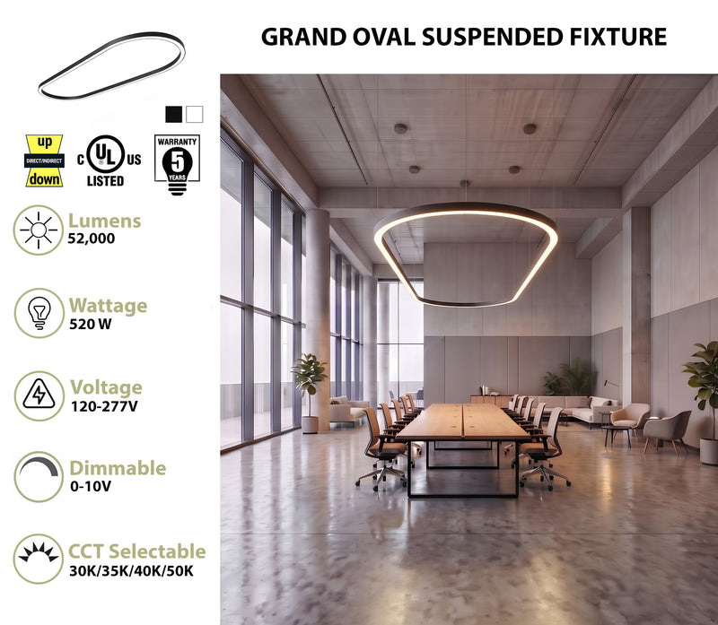 16FT Oval LED Direct/Indirect Pendant Light, 2" Wide, 52,000 Lumen Max, Wattage and CCT Selectable, 120-277V, White or Black Finish