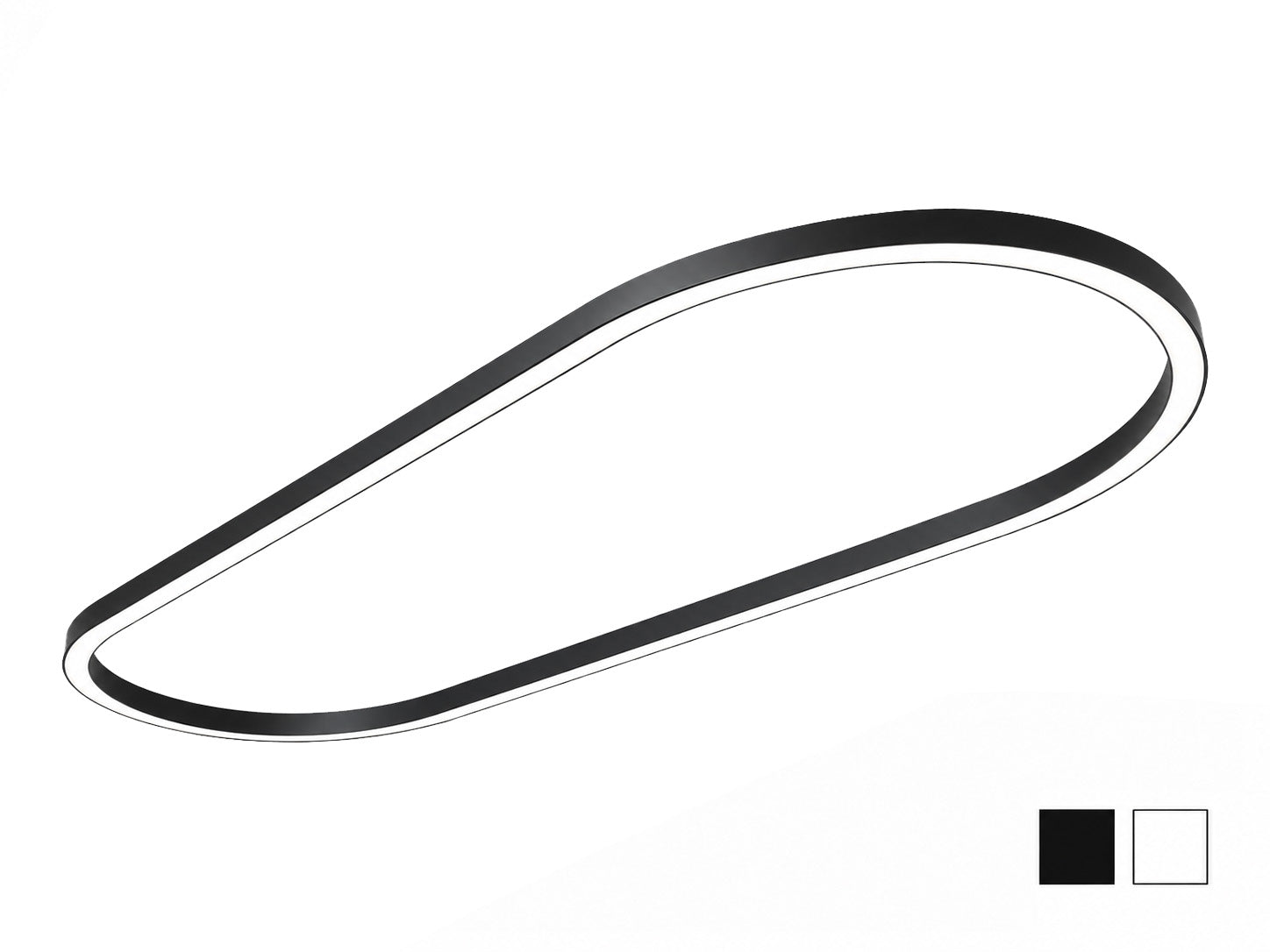 LINA Grand Oval suspended LED fixture in black, shown at an angle with its large asymmetrical oval ring and slim profile, featuring a white diffuser along the underside; black and white finish swatches shown at bottom right.