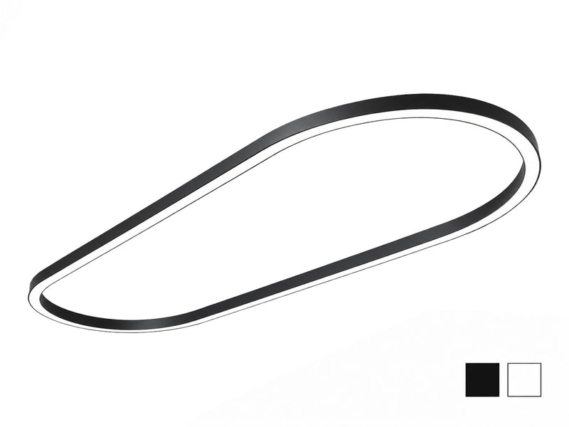 LINA Grand Oval suspended LED fixture in black, shown at an angle with its large asymmetrical oval ring and slim profile, featuring a white diffuser along the underside; black and white finish swatches shown at bottom right.