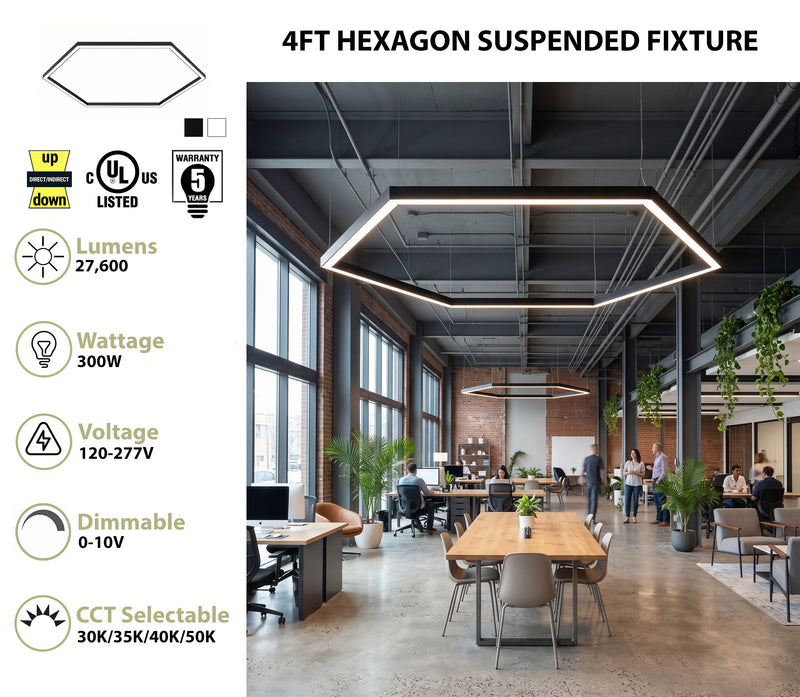 4FT Hexagon LED Direct/Indirect Pendant Light, 2" Wide, 27,600 Lumen Max, Wattage and CCT Selectable, 120-277V, White or Black Finish