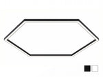 A hexagonal LED light panel with a black outer frame and white inner trim, shown from an overhead perspective on a white background, with two small color swatches in the bottom right corner.