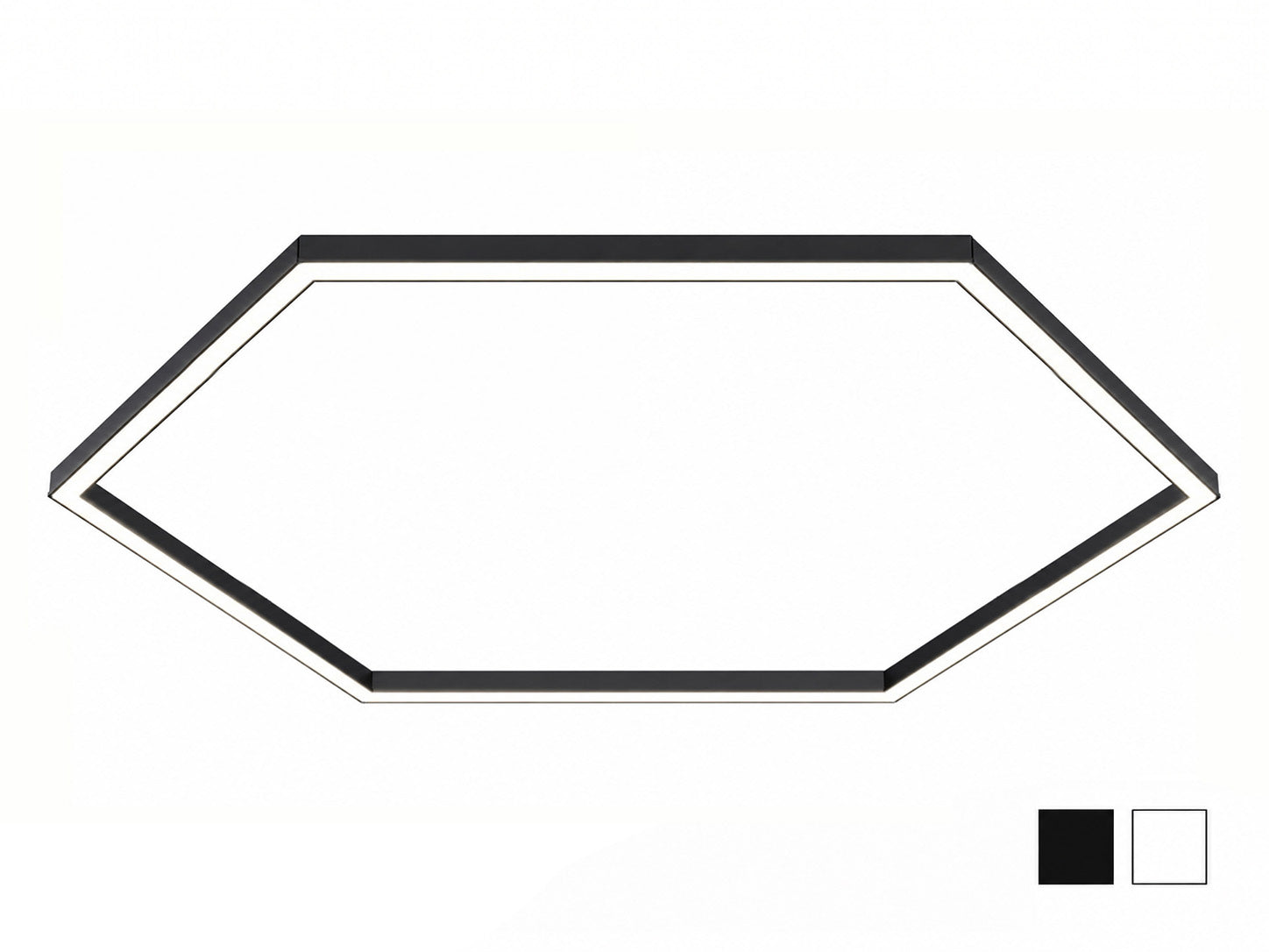 A hexagonal LED light panel with a black outer frame and white inner trim, shown from an overhead perspective on a white background, with two small color swatches in the bottom right corner.