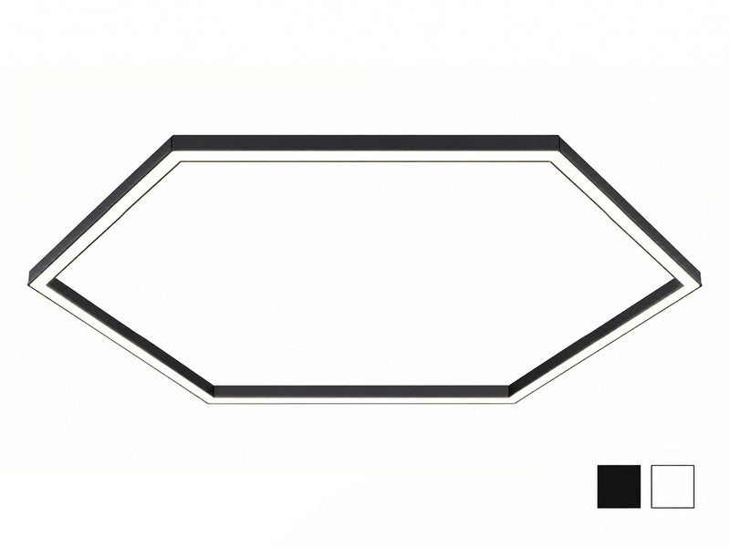 A hexagonal LED light panel with a black outer frame and white inner trim, shown from an overhead perspective on a white background, with two small color swatches in the bottom right corner.