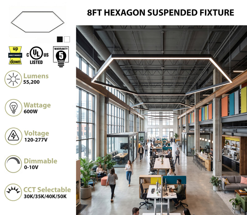 8FT Hexagon LED Direct/Indirect Pendant Light, 2" Wide, 55,200 Lumen Max, Wattage and CCT Selectable, 120-277V, White or Black Finish