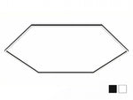 A hexagonal outline graphic on a white background, with two small color swatches in the bottom-right corner showing black and white options.