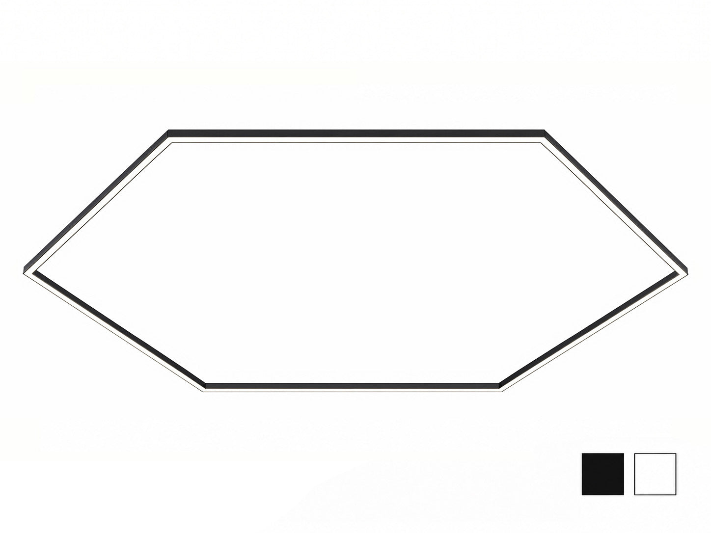 A hexagonal outline graphic on a white background, with two small color swatches in the bottom-right corner showing black and white options.