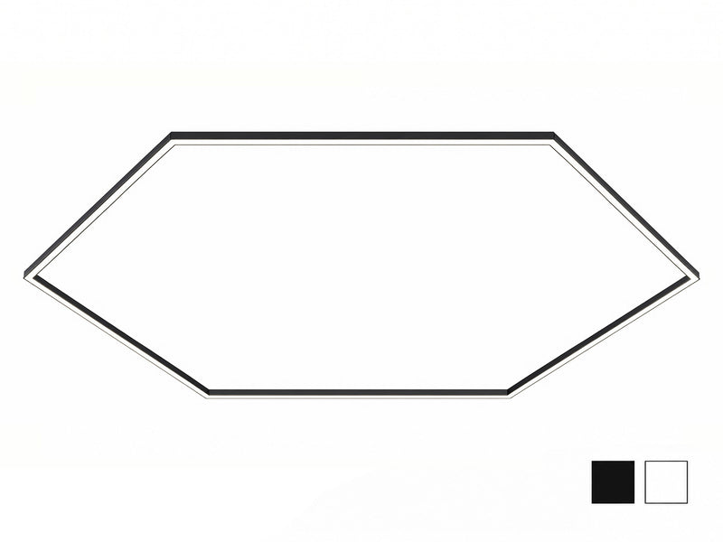 A hexagonal outline graphic on a white background, with two small color swatches in the bottom-right corner showing black and white options.