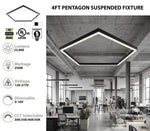 4FT Pentagon LED Direct/Indirect Pendant Light, 2" Wide, 23,000 Lumen Max, Wattage and CCT Selectable, 120-277V, White or Black Finish
