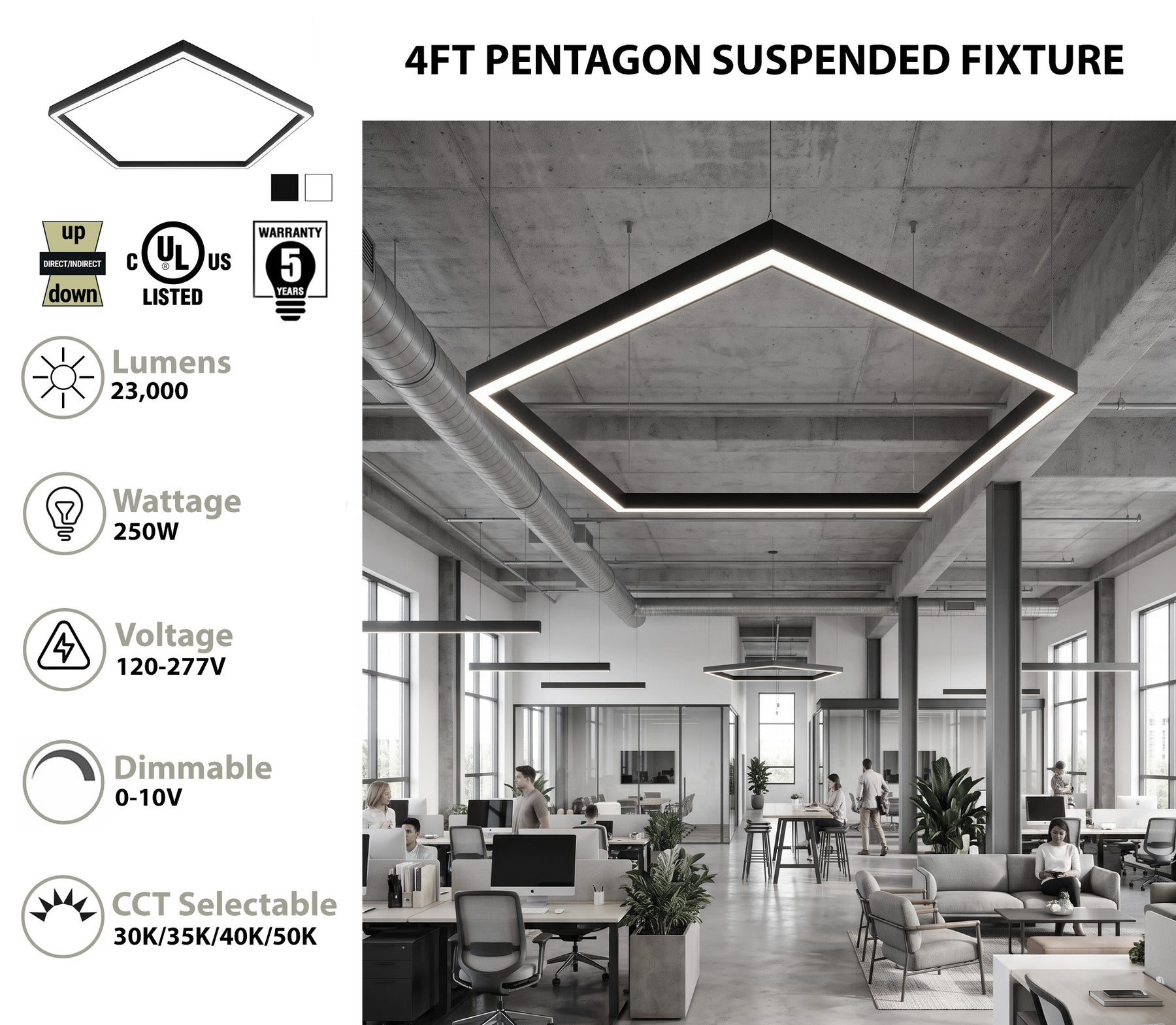 4FT Pentagon LED Direct/Indirect Pendant Light, 2" Wide, 23,000 Lumen Max, Wattage and CCT Selectable, 120-277V, White or Black Finish